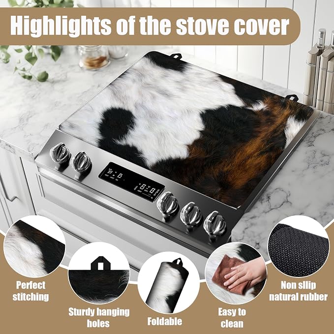 Brown Cowhide Stove Top Covers for Electric Stove, Cow Skin Electric Gas Stove Pad Heat Resistant Range Cooktop Protector for Home Decor Kitchen 28"x20"