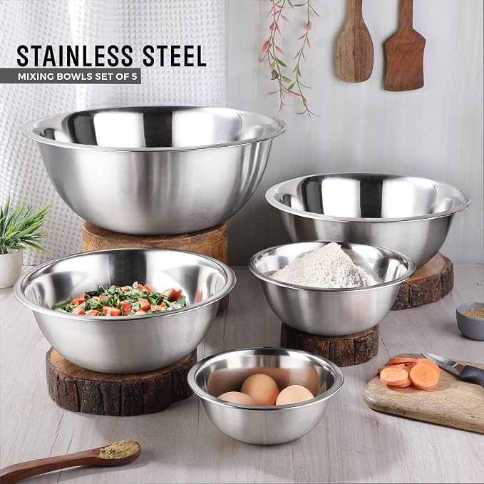 Premium Stainless Steel Mixing Bowls, Set of 5 Brushed Stainless Steel Mixing Bowl Set, Easy To Clean, Space Saving, Great for Cooking, Baking, Prepping (5 Pc Mixing Bowl)