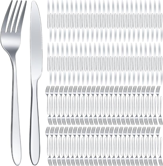 Nuenen 150 Pcs Stainless Steel Set 75 Dinner Forks and 75 Knives, Metal Steak Knives Forks Flatware Tableware Cutlery Set for Home Restaurant(Silver,8.4 x 0.7 Inch,7.1 x 1 Inches)