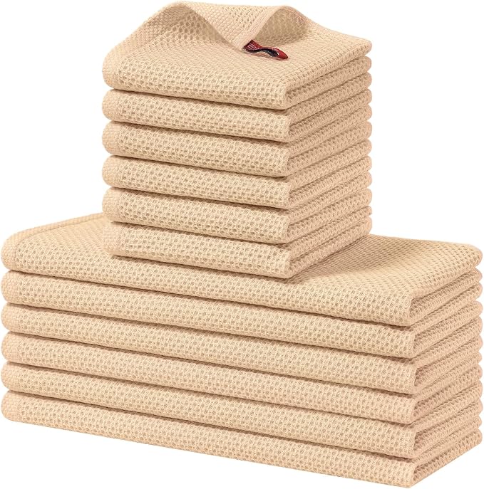 Homaxy 12 Pack 100% Cotton Kitchen Towels and Dishcloths Set, Apricot | 12 x 12 Inches and 13 x 28 Inches Kitchen Towels Set, Ultra Soft Absorbent Dish Cloths for Washing Dishes