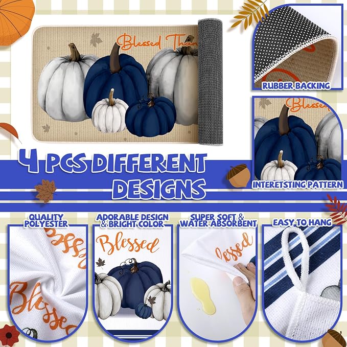 Fanfanwin 10 Pcs Fall Pumpkin Kitchen Decor Set Blue White Pumpkin Kitchen Rugs Towels Pot Holders Oven Mitts for Thanksgiving Autumn Baking Cooking Home Gift