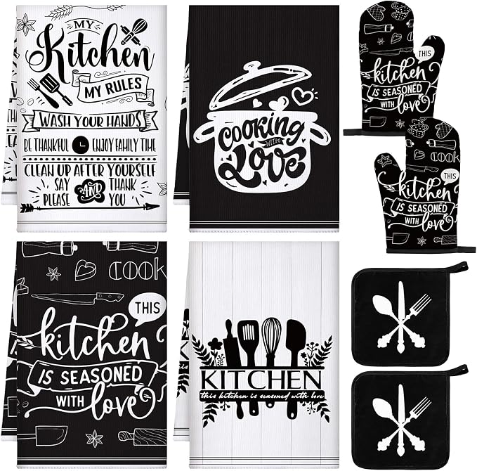 Leinuosen 8 Pcs Home Kitchen Towels and Dishcloths Sets Pot Holders and Oven Mitts Sets Absorbent Kitchen Gloves Potholders Heat Resistant for Chef Baking Cooking