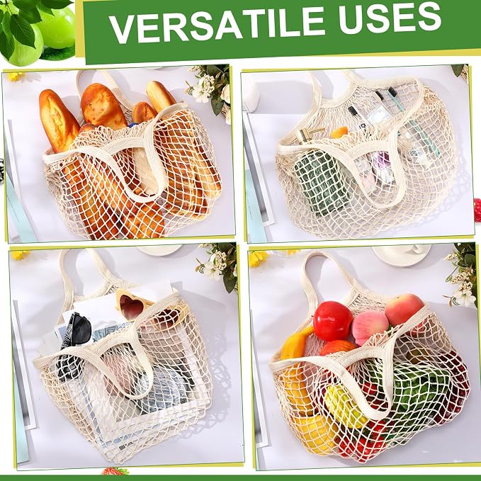 Paterr 80 Pack Cotton Mesh Produce Bags Bulk,Short Handle,Beige | Reusable Mesh Grocery Bags Bulk, Washable Net Market Tote String Shopping Bags, for Vegetable Fruit Beach Picnic Food Storage