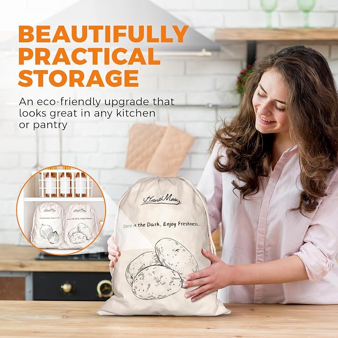 3-Pack Cotton Storage Bags for Potato, Onion & Garlic – Reusable Drawstring Produce Bags – Breathable, Eco-Friendly, Washable – 2 Large (40×30 cm) + 1 Small (25×20 cm)