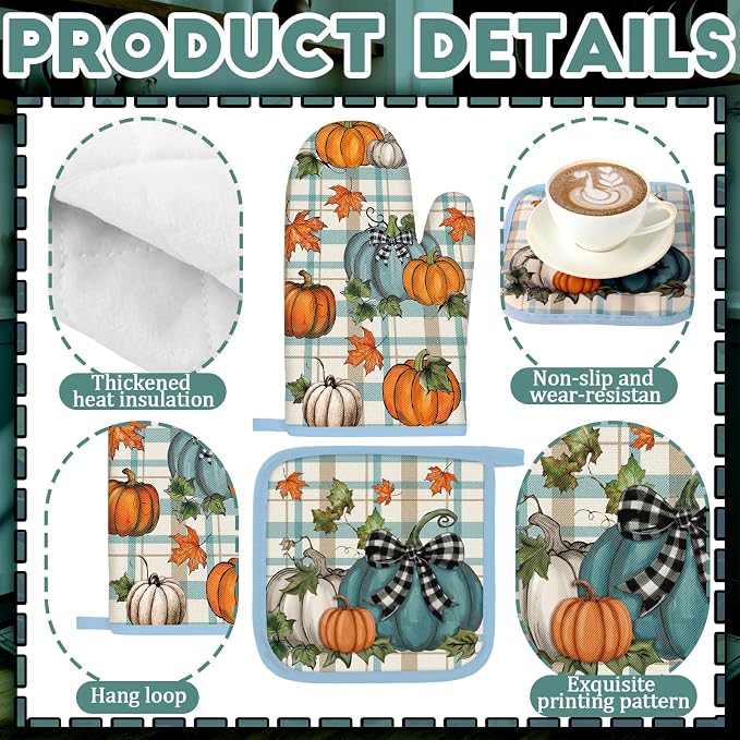Fanfanwin 10 Pcs Fall Pumpkin Kitchen Decor Set Kitchen Towels Pot Holders Oven Mitts and Rugs Set Thanksgiving Towels for Baking Cooking BBQ Autumn Home(Light Blue,Classic Pumpkins)
