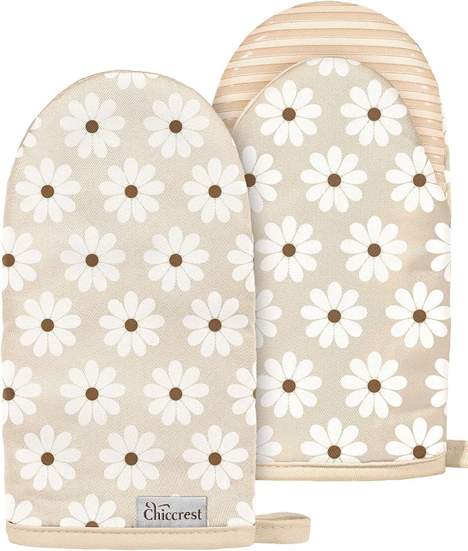 100% Thick Cotton Mini Oven Mitts Silicone Grip Daisy Gingham | Elegant Classic Oven Mitts for Women, Machine Washable, Non-Slip, Reversible Design Fits Both Hands, Stylish Kitchen Decor