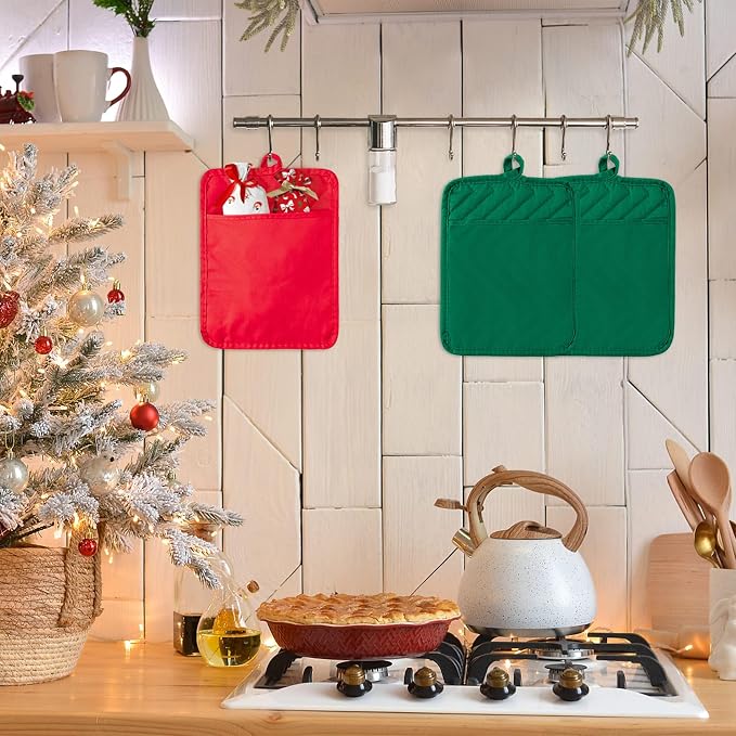 R HORSE 6 Pack Christmas Red Green Pot Holders with Pockets, 7''x 9'' | Cotton Kitchen Hot Pads, Heat Resistant Oven Mitts, Non-Slip Potholder Terry Cloth, Ideal for Baking, Cooking, Christmas Gift