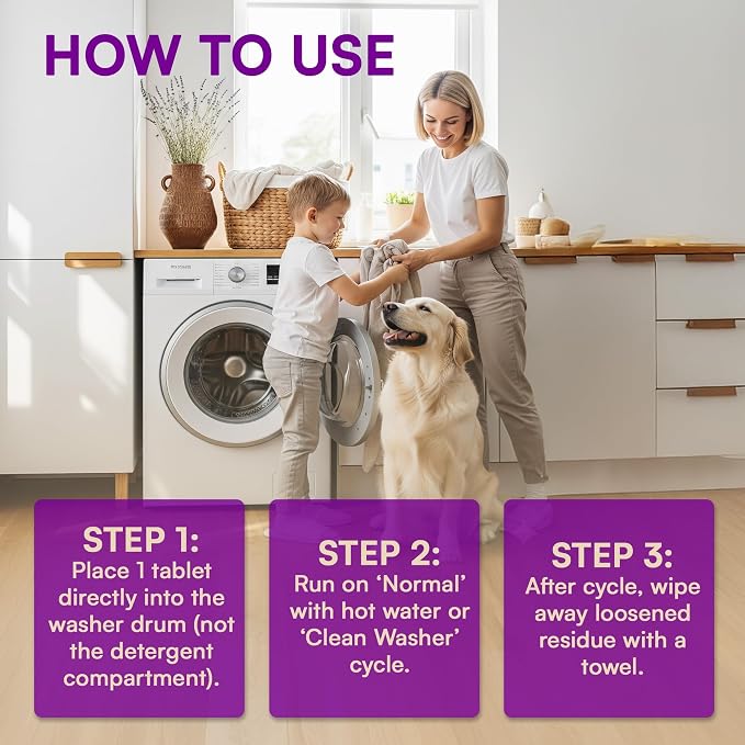 Washing Machine Cleaner Tablets 24 Pack for HE Front Load, Top Load Washing Machine Cleaning Tablets Descaler and Deodorizer, Formulated for Pet Owners, 1 Year Supply Laundry Washer Cleaner