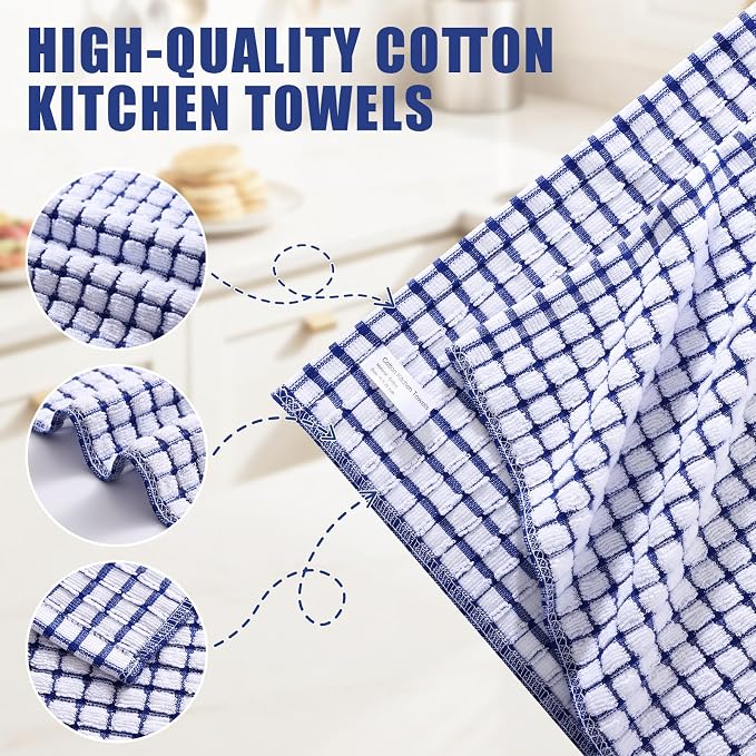 Mordimy Premium Cotton Kitchen Towels 16"x 25", Blue Check Design, 12 Pack | Super Absorbent Terry Kitchen Hand Towels, Large Natural Ring Spun 360 GSM Dish Towels, Soft Tea Towels with Hanging Loop