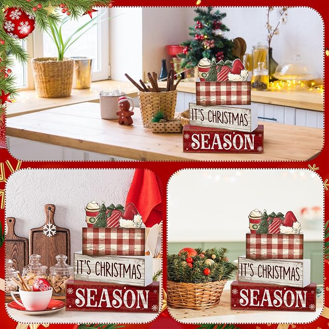 Lineshading 4 Pcs Christmas Table Decoration Wooden Hot Cocoa Santa Hat | Buffalo Plaid Stacked Design, Rustic Tabletop Signs for Mantel Shelf, Season Theme Wooden Blocks, Farmhouse Holiday Gift