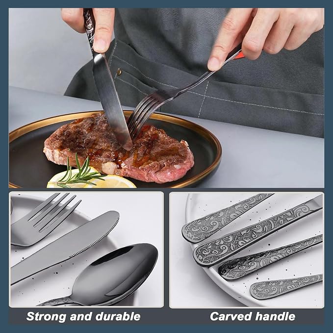 Runfly Vintage Carved Black Stainless Steel 20-Piece Flatware Set | Silverware Set, Modern Embossed Cutlery Set Utensils Kitchen Including Fork Spoon and Knife