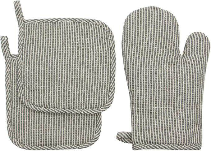 Cotton Oven Mitts and Pot Holders Set, Grey Stripes, Set of 3 | Quilted Oven Mitts Heat Resistant, Pot Holders and Oven Mitts For Kitchen