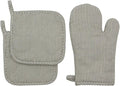 Cotton Oven Mitts and Pot Holders Set, Grey Stripes, Set of 3 | Quilted Oven Mitts Heat Resistant, Pot Holders and Oven Mitts For Kitchen