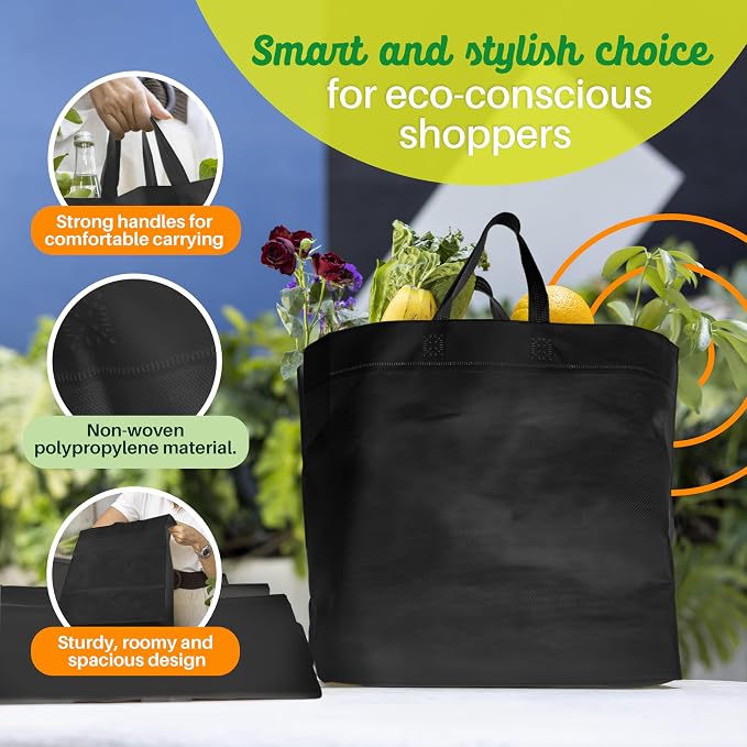 Simply Cool 50 Pack Reusable Grocery Bags, Medium Tote Bags Bulk, Black | 12.6"x6.3"x11.8" Heavy Duty Non-woven Custom Shopping Bags with Handles, Foldable, Washable for Retail and Commercial use