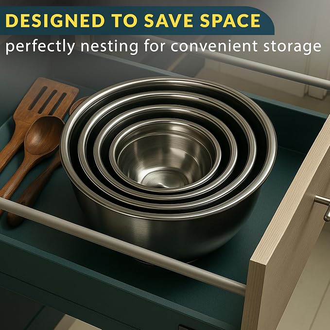 Baker's Signature Stainless Steel Mixing Bowls With Lid | Metal Bowl Set Of 5, Nesting Set For Food Prep, Baking,Storage, Cooking, Serving | Dishwasher Safe, 0.5/1.5/3/4/5 Qt