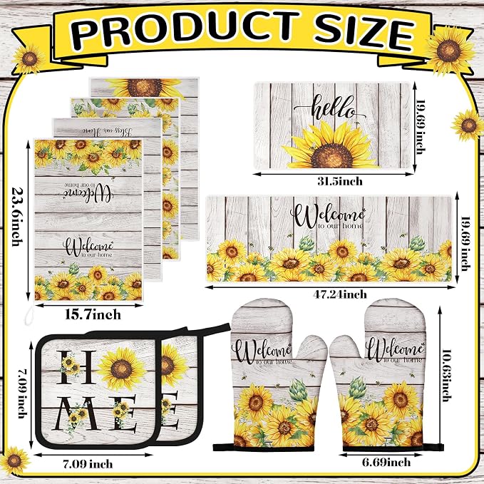 Fourluoo 10 Pcs Farmhouse Sunflower Kitchen Decor Set Sunflower Kitchen Towels and Rugs Oven Mitts Pot Holders for Cooking Baking Grilling Gift