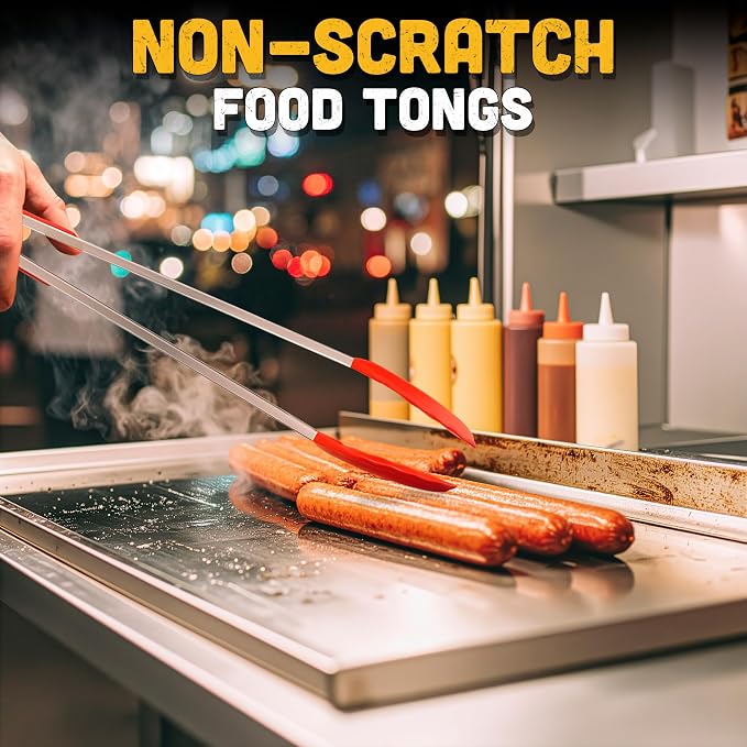 17.3" Extra Long Tongs with Silicone Tip & Stainless Steel Frame | Long Kitchen Tongs with Extended Reach, 3.3 Lb Hold and Storage Lock; for BBQ Grilling, Cooking, Grabbing, Serving and Salad