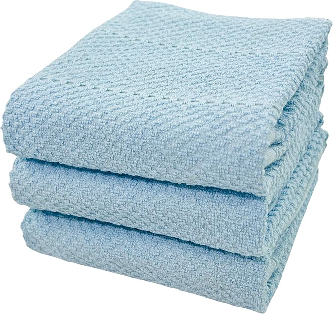 Light Baby Blue Kitchen Hand Dish Towels, Set of 3, 100% Cotton, 18" x 28" | Terry Loop Ribbed Textured, Soft & Absorbent Cleaning Cloth, Quick Dry, Multipurpose for Everyday Use