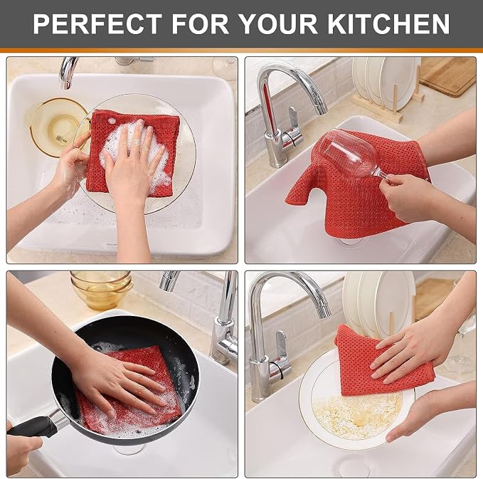 Kitinjoy 100% Cotton Waffle 8-Pack Kitchen Towels, 12" x 12", Brick Red | Ultra Absorbent, Super Soft, lightweight, Quick Drying Dish Rags for Washing Dishes