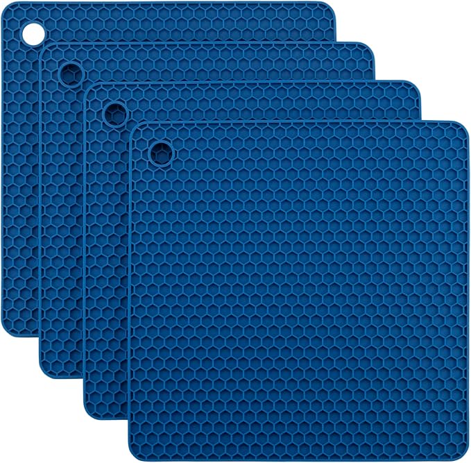 Silicone Trivets for Hot Dishes, Pots and Pans, Hot Pads for Kitchen, Navy Blue Silicone Pot Holders Mats for Kitchen Quartz Counter Heat Resistant Mat, Flexible Table Trivet Mat Set 4