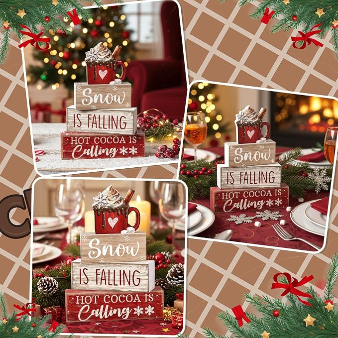 Lineshading 4 Pcs Winter Tiered Tray Set, Hot Cocoa Wood Block Signs | Rustic Farmhouse Decor for Christmas, Wooden Snow Theme Signs with Mug Topper, Layered Tabletop Display, Cozy Winter Accents