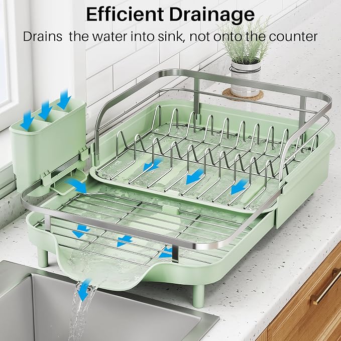 SNTD Expandable Dish Drying Rack for Kitchen Counter, 15.2-22.1 in, Green | Rust-Resistant Stainless Steel, Protective Side Rails, Self-Draining Drainboard, Removable Utensil Holder