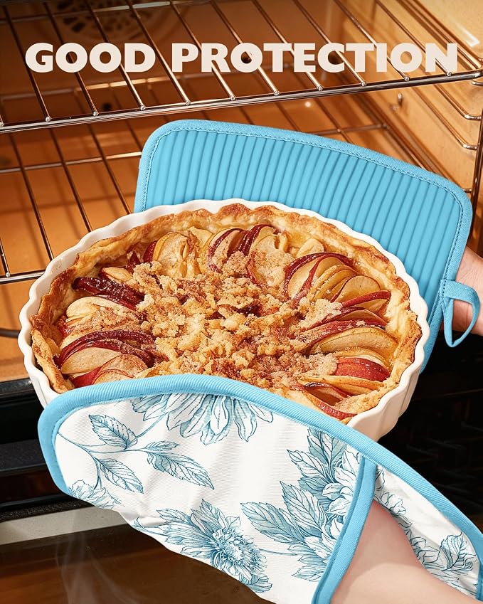 100% Thick Cotton Pot Holders Ribbed Soft Silicone Blue Floral | Stylish Pot Holders with Pockets, Ribbed Soft Silicone, Machine Washable Non-Slip Heat Resistant Hot Pads 2pcs, Kitchen Gift