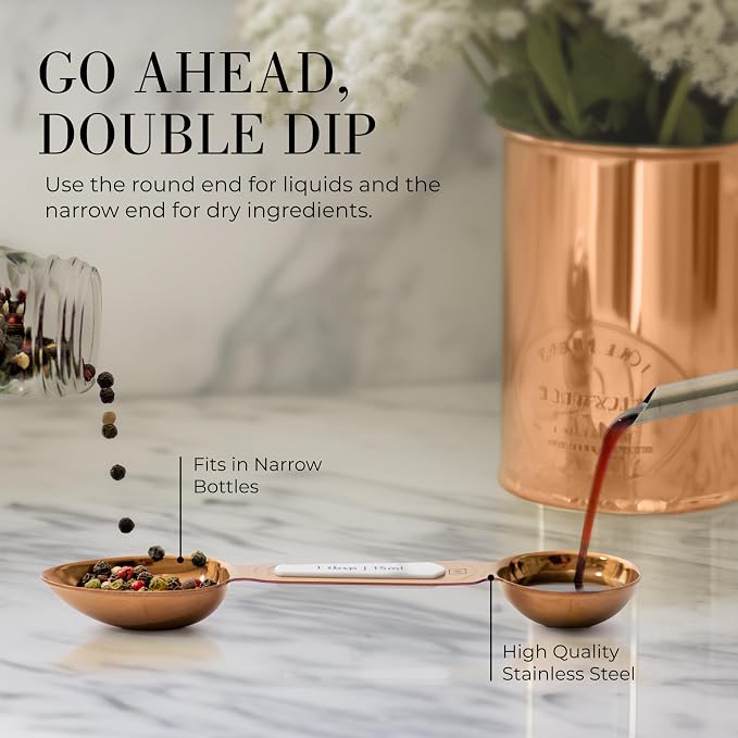 Styled Settings Copper Measuring Spoons Set with Leveler, 8-Piece | Double-Sided Nesting Magnetic Measuring Spoons, Stackable & Spice Jar Friendly -Stylish Copper Kitchen Accessories for Baking