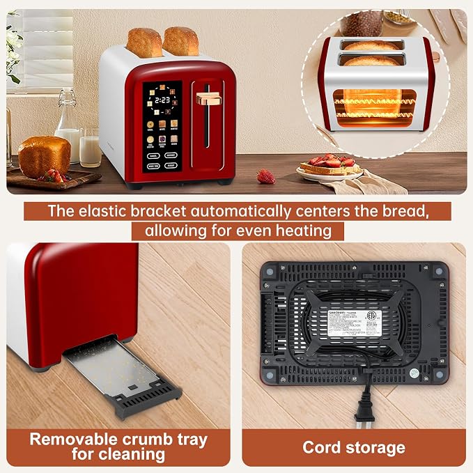 SEEDEEM 2-Slice Touchscreen Toaster, Stainless, 7 Shade, 1350W, Red