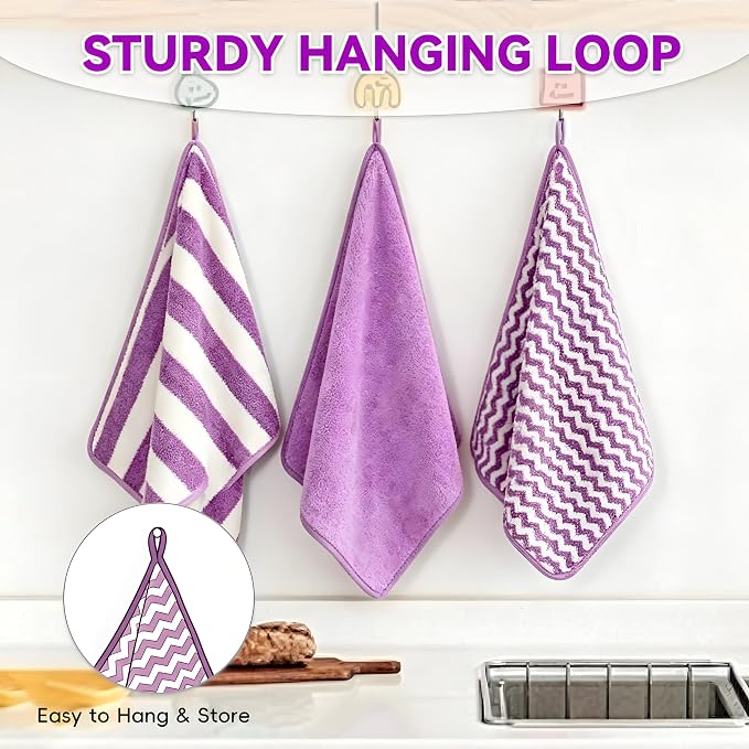 Microfiber Cleaning Cloths, 6 Pack Purple Kitchen Towels | 13.5x29 Inch, Ultra Soft Super Absorbent, Lint Free Dish Towels with Hanging Loop, Reusable for Household Cleaning