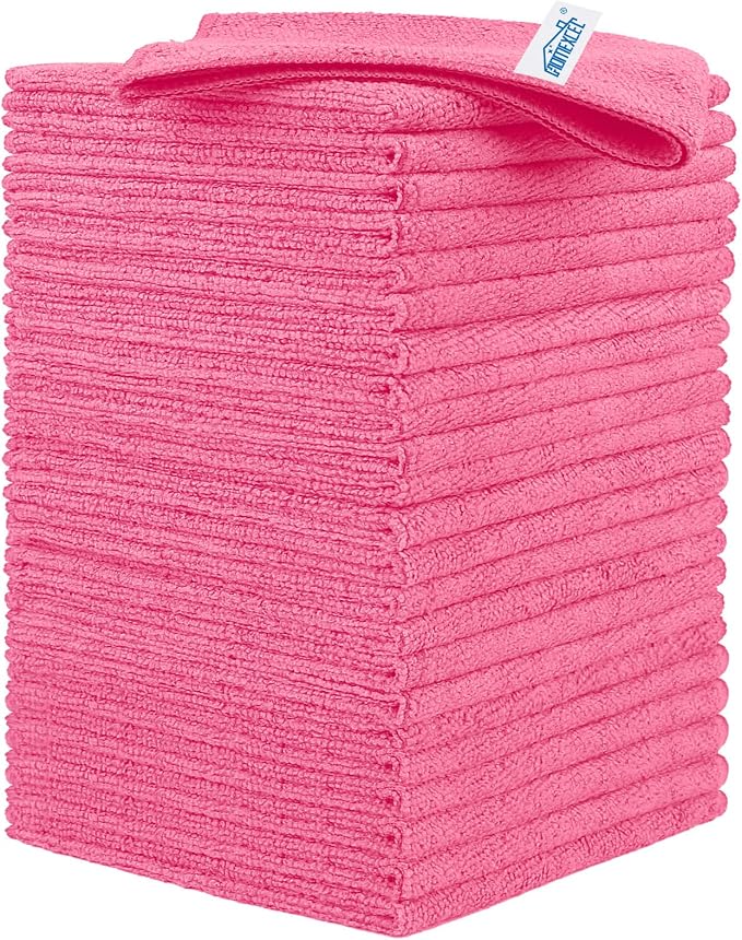 HOMEXCEL 24PK Microfiber Cleaning Cloth, Cleaning Rag for Home, 11.5x11.5in | Reusable, Lint Free, Scratch-Free and Highly Absorbent Towels for Kitchen, Window and Glass, Cars, Pink