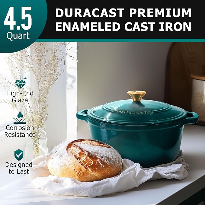 MUELLER HOME 4.5 QT Enameled Cast Iron Dutch Oven, Heavy-Duty Casserole Dish and Braiser Pan with Lid, Oven-Safe up to 500° F & Across All Cooktops, Housewarming Gifts New Home, Emerald | Casserole Dish and Braiser Pan with Lid, Oven-Safe up to 500° F,...