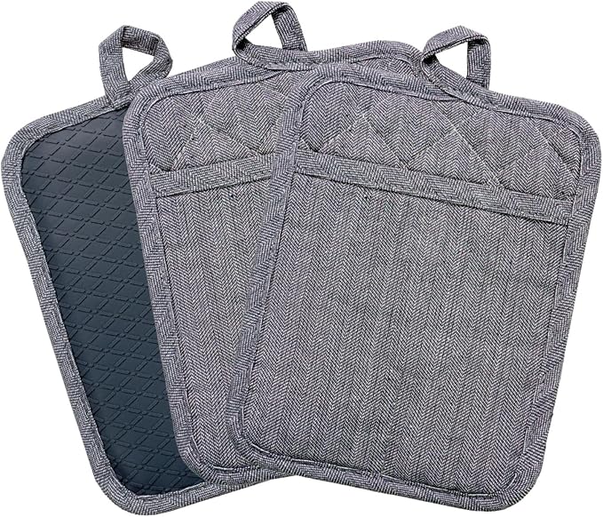 Pot Holders Yarn-Dyed Set of 3 Non Slip Silicone Kitchen Lines | Heat Resistant 500℉ Kitchen Gloves BBQ Cooking Baking Women Men Cooking Barbecue Microwave Machine Washable (Gray Potholders)