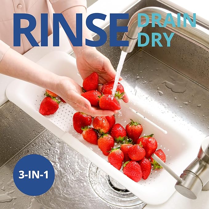 Blue Ginkgo Over Sink Colander, Extendable Kitchen Strainer, White | Fits Most Sinks. Rinse, Drain and Dry with Ease.