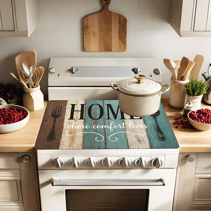 Farmhouse Stove Cover 28.3 x 20.5 Inches, Rustic Kitchen Stove Top Protector, Heat Resistant Non Slip Glass Electric Stove Cover Board, HOME Kitchen Decor Mat (Gray-blue)