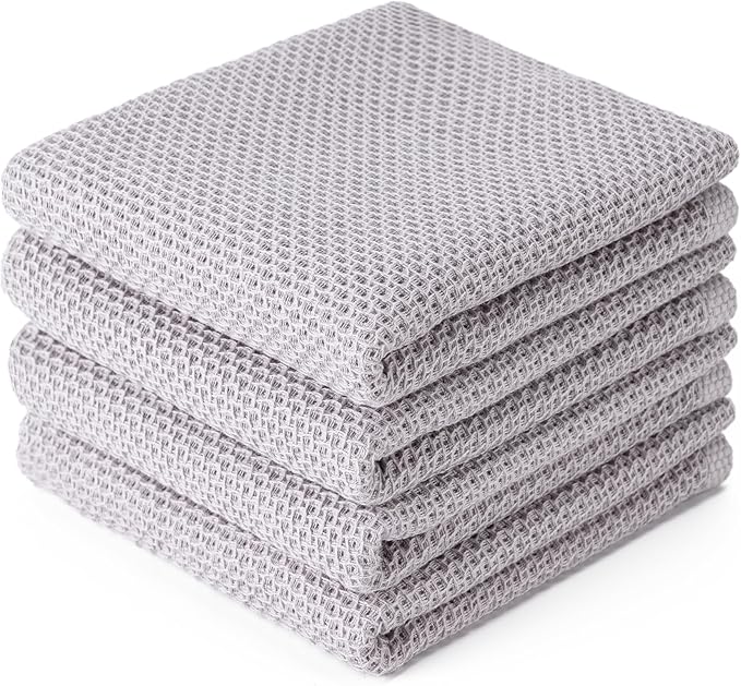 BOOMIBOO 4-Pack Dish Towels,100% Cotton Waffle Weave,13x28 in,Light Grey | Ultra Soft Absorbent, Quick Drying