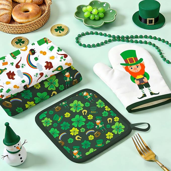 8 PCS St Green Kitchen Decor Sets Irish Leprechaun Shamrock Clover 4 Kitchen Dish Towels 2 Pot Holders 2 Oven Mitt Green Decoration Accessories for Cooking Baking Home Camp Spring
