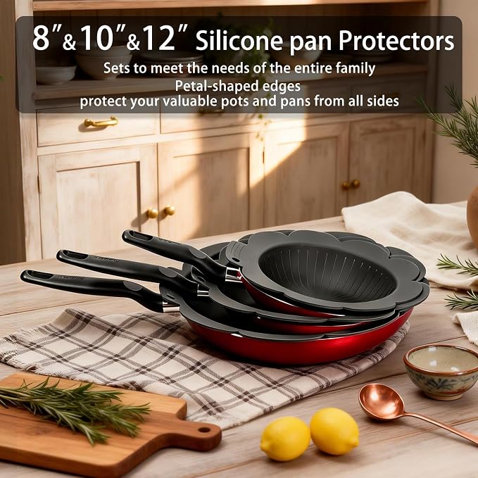 Pan Protectors&Separators for Stacking Silicone,Pan and Pot Protectors | (Include 8",10",12") 3pcs Thicker,Pan Scratch Protector Nonstick Frying Pans &More Reusable,Dishwasher Safe