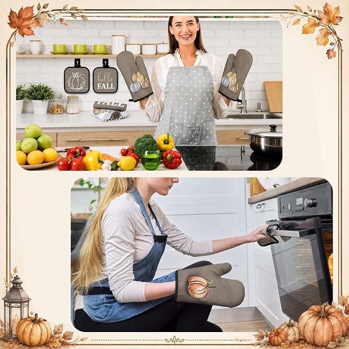 Fanfanwin 10 Pcs Fall Pumpkin Kitchen Decor and Accessories Set Kitchen Towels Pot Holders Oven Mitts and Rugs Set Thanksgiving Towels for Cooking Baking Gift Harvest Autumn Home Decor