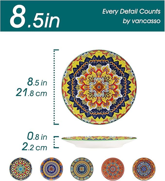 vancasso Colorful Dessert Plates Set of 6, 8.5 Inch Ceramic Salad Plates | Boho Small Dinner Plates, Bohemian Printed Kitchen Plate for Breakfast, Microwave & Dishwasher Safe Dishes, Series KRVI