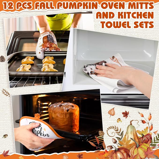 SiliFine 12 Pcs Fall Pumpkin Kitchen Towels Oven Mitts Pot Holders Set | Buffalo Plaid Gnome Harvest Design, Kitchen Accessories for Cooking Baking, Autumn Thanksgiving Decoration, Holiday Gifts