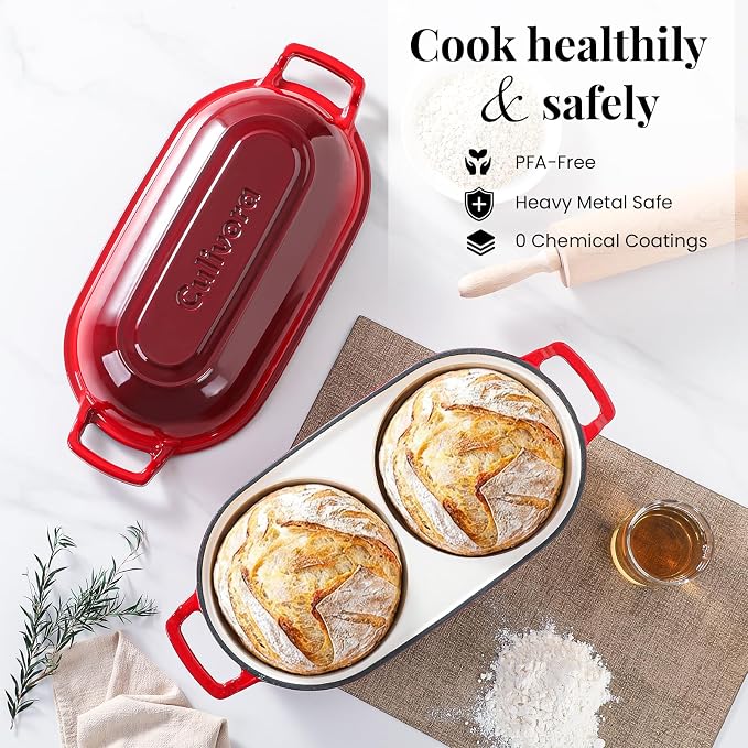 Cast Iron Bread Pan with Lid, Mini Enamel Sourdough Baking Dutch Oven Pot, Double Round Loaf Space for Homemade, Bread, Cake, Meatloaf, 16.5cm Diameter, 500°F Oven Safe, Non Stick, Red