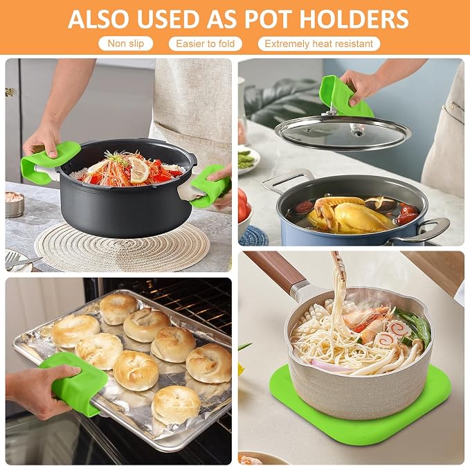 Silicone Trivets for Hot Pots and Pans, Pot Holders Hot Pads 6 Pack Silicone Mats for Kitchen Counter, Soft Durable Drying Mat, Jar Opener and Coasters (Green)