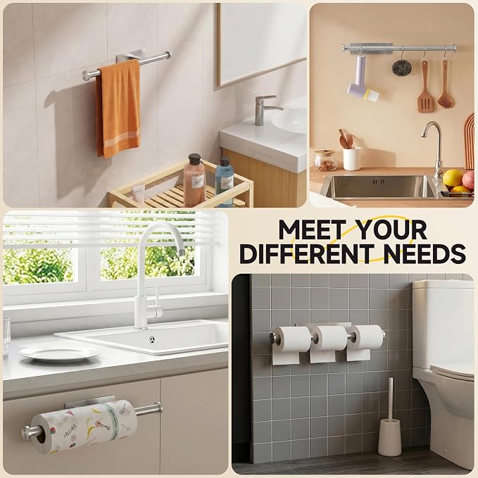 Paper Towel Holder Wall Mount,No Drill,SUS304 Steel, Space Saving | Maximize countertop space with secure roll storage. Fits kitchens, bathrooms, RVs and pantries with flexible mounting options