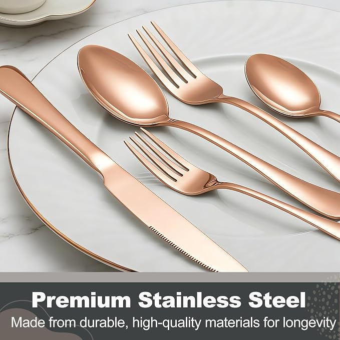 Runfly 40-Piece Rose Gold Flatware Set, Stainless Steel Cutlery Set for 8 | Mirror Polished Durable Utensil Set Includes Knife Fork Spoon for Home Kitchen Restaurant Tableware