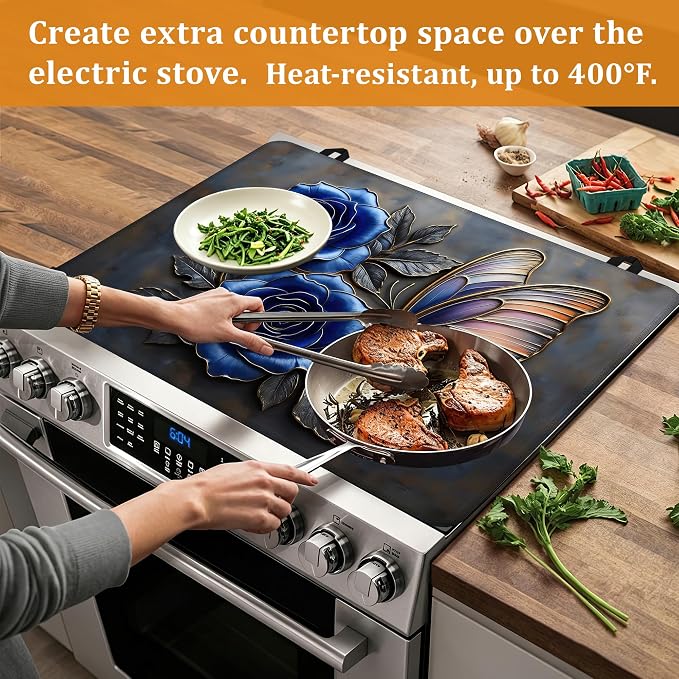 Stove Top Covers for Electric Stove,Blue Rose Flower Flat Top Stove Cover,Retro Butterfly Heat Resistant Glass Top Stove Cover Protector Anti-Slip Range Covers, 28 x 20 Inch