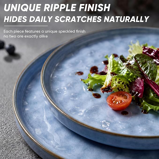 E-far Stoneware Dinnerware Set, 12-Piece Plates and Bowls Sets for 4 | Modern Dishes for Kitchen Dining, Reactive Glazing Ripple Design, Chip Resistant, Microwave & Dishwasher Safe, Reactive Blue