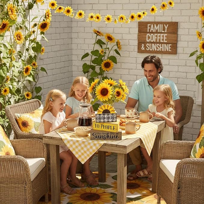 Lineshading 4 Pcs Sunflower Wooden Block Signs Farmhouse Tabletop Decor | Rustic Tiered Tray Decor for Home, Indoor Summer Table Decorations with Inspirational Quote, Farmhouse Gift