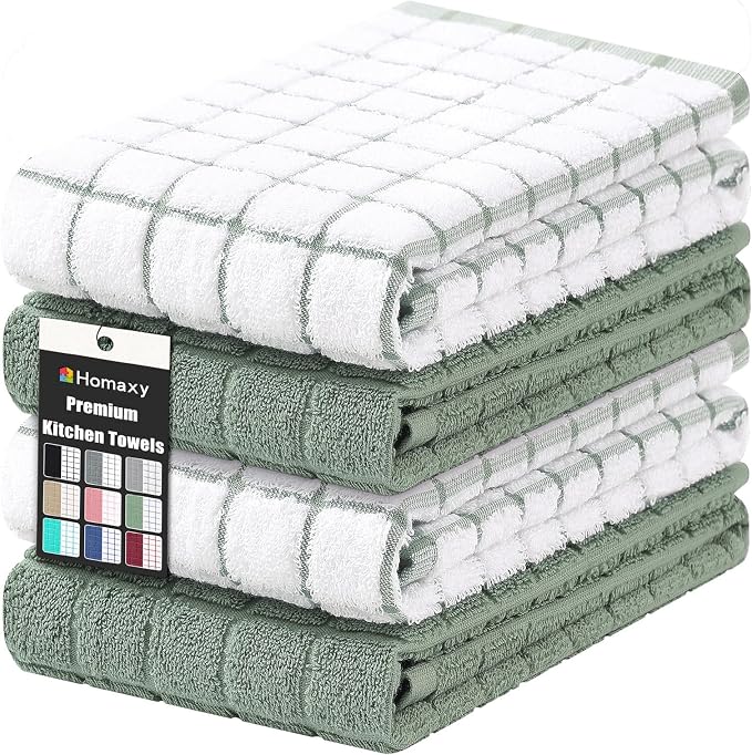 Homaxy Large Premium Cotton Kitchen Towels 16"x 28", 4 Pack, Sage Green | Natural Ring Spun 390 GSM Dish Towels, Super Absorbent Terry Kitchen Hand Towels, Soft Tea Towels with Hanging Loop