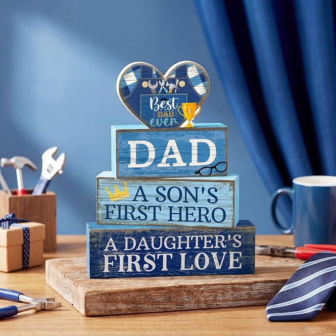 Lineshading 4 Pcs Dad Block Signs Wooden Farmhouse Decor, Father's Day | Tiered Tray Decorations for Home Table, Son's Hero Daughter's Love Quotes, Stacked Wooden Blocks, Rustic Gift for Dad